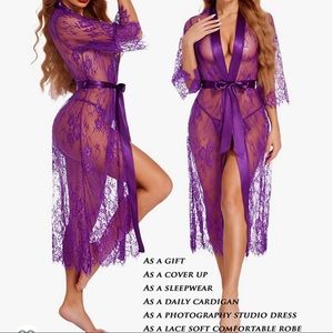 🔥🔥 Sexy Babydoll Lingerie Lace Robe Kimono Mesh Nightgown Lace Chemise, Purple